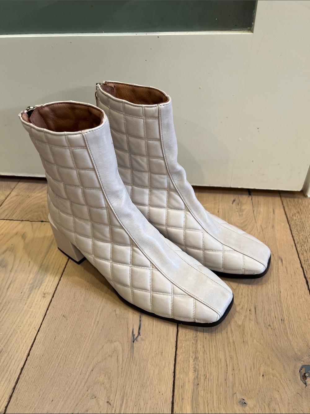 Quilted White Ankle Booties with Block Heel